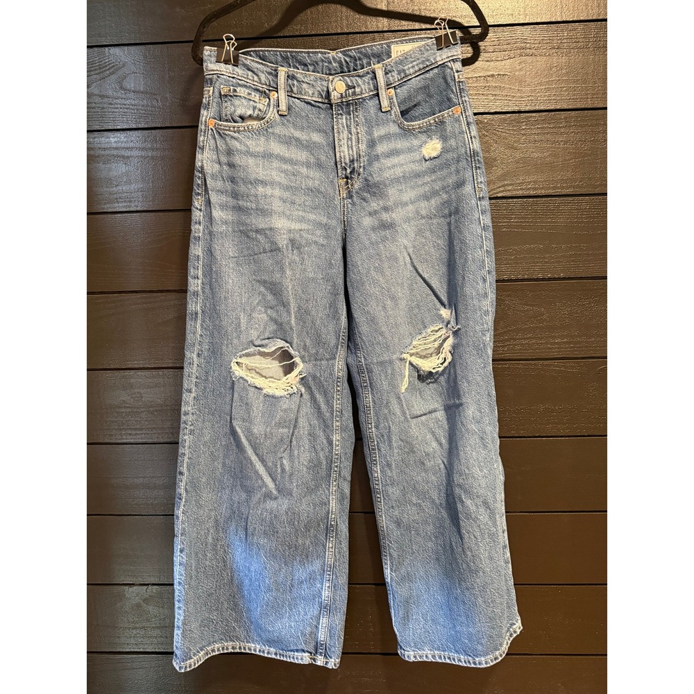 Gap Baggy Mid Rise Distressed Wide Leg Jeans Medium Wash